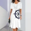 2024 New Women's Dresses Anchor Print Vacation Midi Dresses Female Elegant Dresses Summer Short Sleeve Dress Fashion Oversized - Image 3