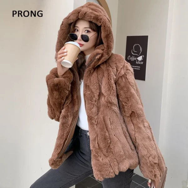 100% Real Rabbit Fur Coat Women Winter Loose Hooded Zipper Natural Fur Jacket Thick Warm Woman Clothing Female Furry Outerwears - Image 4