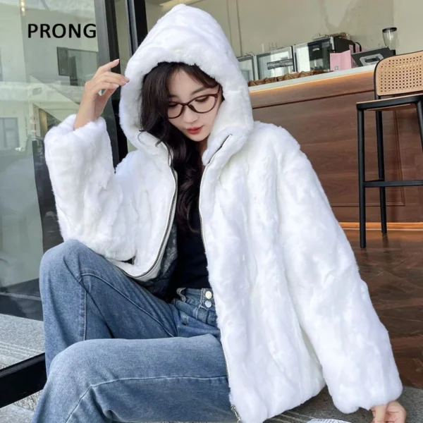 100% Real Rabbit Fur Coat Women Winter Loose Hooded Zipper Natural Fur Jacket Thick Warm Woman Clothing Female Furry Outerwears - Image 6