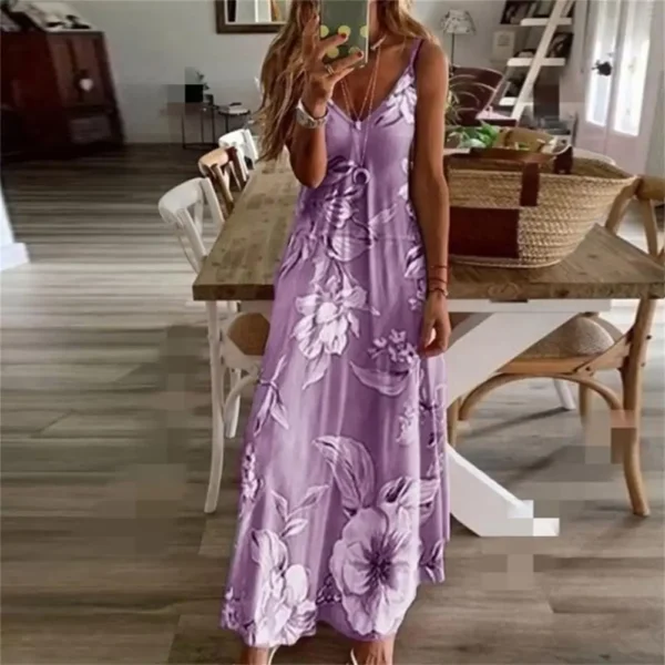 2023 Summer Plus Size Women's Sexy Dress V Neck Retro Solid Color Flower Loose Slim Suspender Women's Beach Long Dress - Image 2