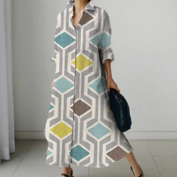 2023 Mcdv Women's Summer Party Dress Vintage Geometric Print Casual Loose Bohemian Style Home Office Long Sleeve Lapel Clothing - Image 2