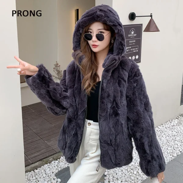 100% Real Rabbit Fur Coat Women Winter Loose Hooded Zipper Natural Fur Jacket Thick Warm Woman Clothing Female Furry Outerwears - Image 3