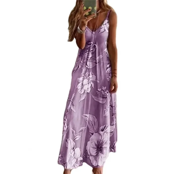 2023 Summer Plus Size Women's Sexy Dress V Neck Retro Solid Color Flower Loose Slim Suspender Women's Beach Long Dress - Image 4