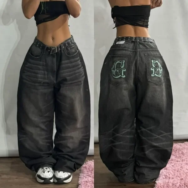 Y2K Fashion New Letter Printing Black Baggy Jeans Ladies Street Vintage Popular Hip Hop Casual Joker High Waist Wide Leg Pants