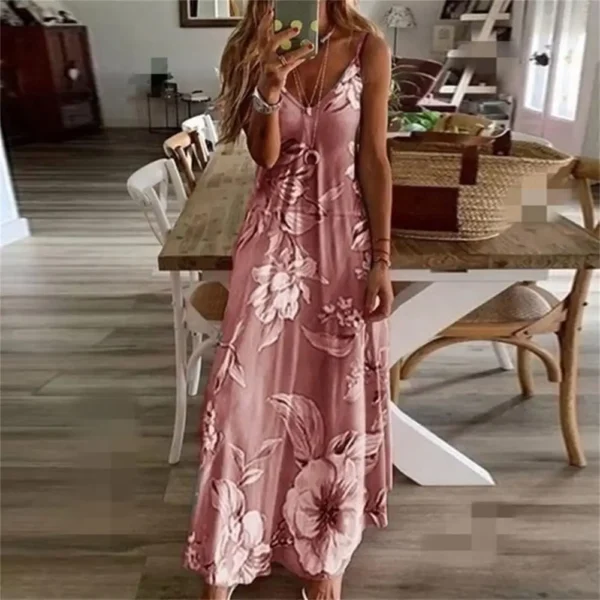 2023 Summer Plus Size Women's Sexy Dress V Neck Retro Solid Color Flower Loose Slim Suspender Women's Beach Long Dress - Image 3
