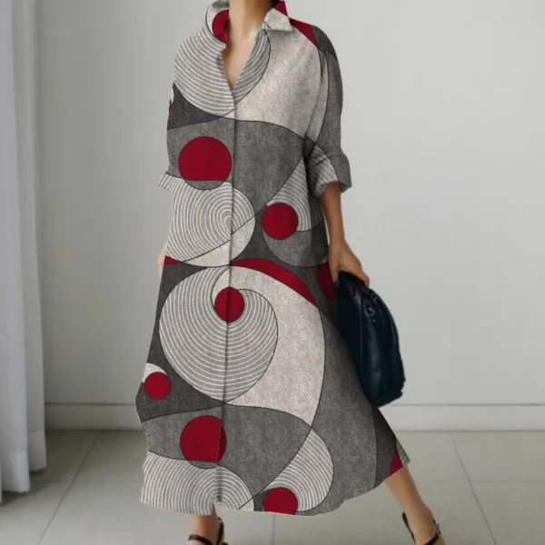 2023 Mcdv Women's Summer Party Dress Vintage Geometric Print Casual Loose Bohemian Style Home Office Long Sleeve Lapel Clothing