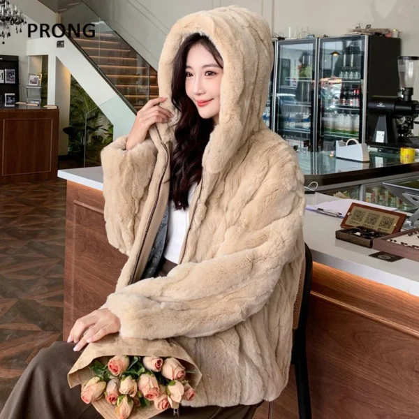 100% Real Rabbit Fur Coat Women Winter Loose Hooded Zipper Natural Fur Jacket Thick Warm Woman Clothing Female Furry Outerwears - Image 2