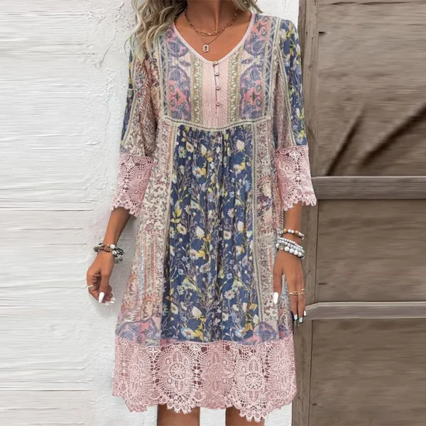 Summer Autumn Retro Dress New Women's Flower Printed A-line Lace Lace Button Hooded Seven Sleeve Medium Length Vestidos Mujer