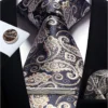 Mens Tie Set Silk Silver Paisley Floral Necktie and Pocket Square Cufflinks Tie Clip Classic Formal Ties for Men Wedding Party - Image 2