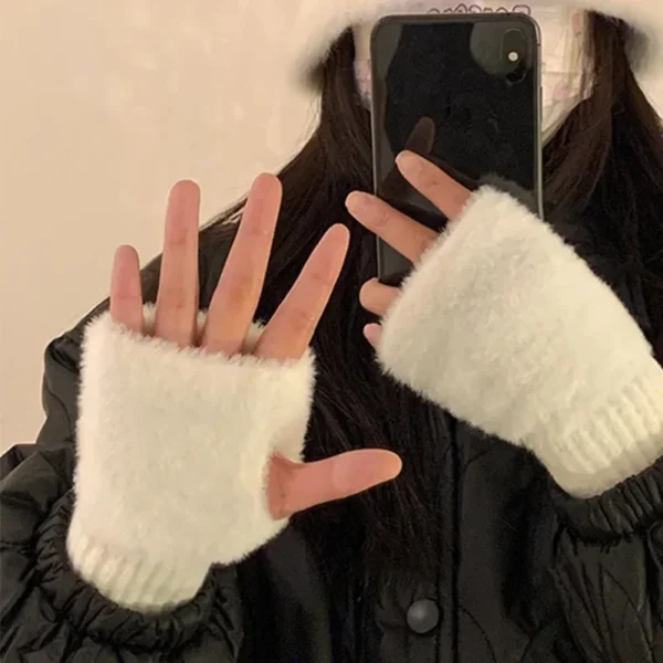 Mink Fleece Soft Winter Half Finger Gloves Women Warm Luxury Solid White Plush Knitted Fingerless Gloves Wrist Mittens Writting - Image 2