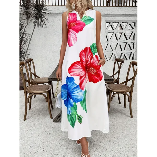 Summer Loose Dress Fashion Floral Digital Print V-Neck Vest Pocket Dress Casual Elegant Sleeveless Evening Dress For Women - Image 3