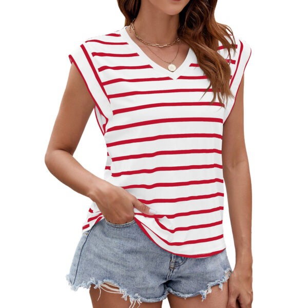 Fashion Stripe Print V-neck Short-sleeved T-Shirt Summer Loose Tank Top Womens Clothing - Image 4
