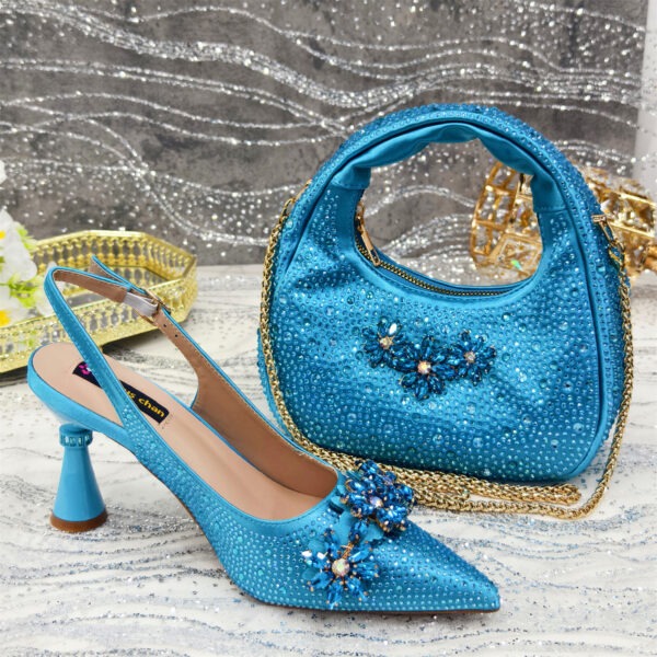 Pointed Toe High Heel Rhinestone Flower Shoes With Handbag Soft - Image 2