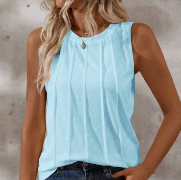 Women's Summer Solid Color Round-Neck Pleated Loose Casual Tank Top - Image 3