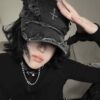 Washed Destroyed Leather Patchwork Denim Cross Baseball Cap - Image 6