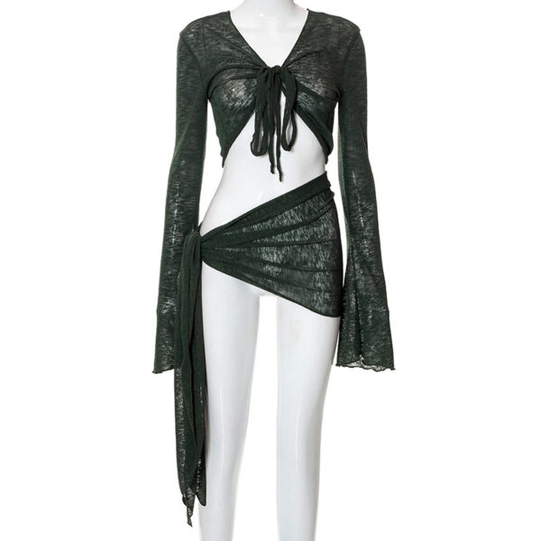 Women's Tied Long Sleeves Tank-top Mid-length Dress Set - Image 4