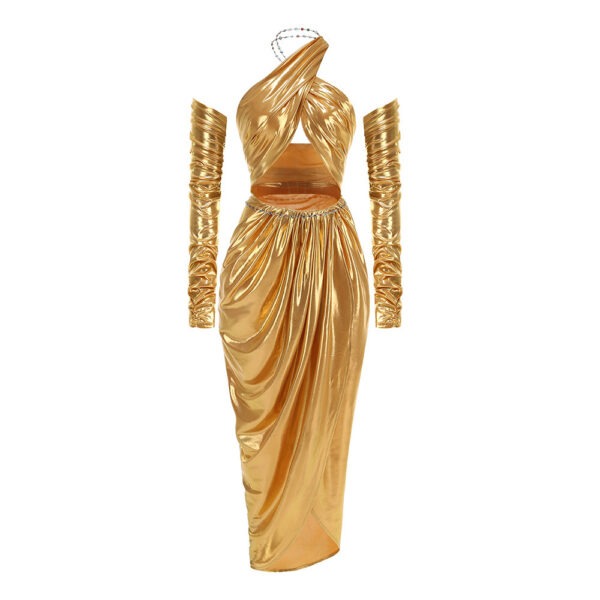 Golden Halter Tank-top Pleating Irregular Two-piece Chain Suit Skirt - Image 6
