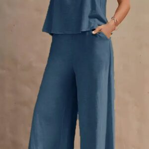 Solid Color Summer Casual Pants Set, V Neck Tank Top & Wide Leg Pants Outfits, Women's Clothing