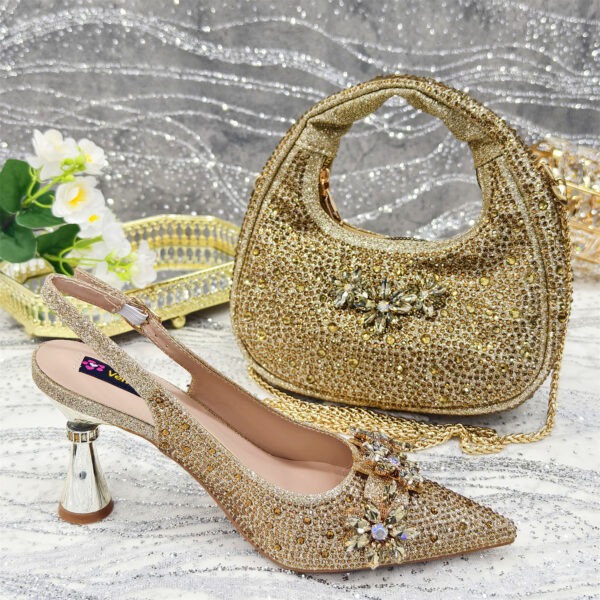 Pointed Toe High Heel Rhinestone Flower Shoes With Handbag Soft - Image 4
