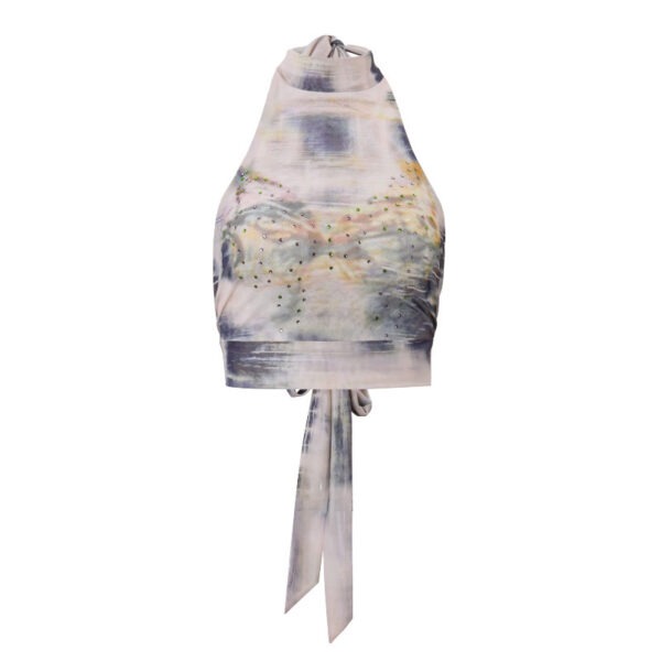 Hollow Retro Printed Turtleneck Halter Strap Cropped Tank Top - Image 3