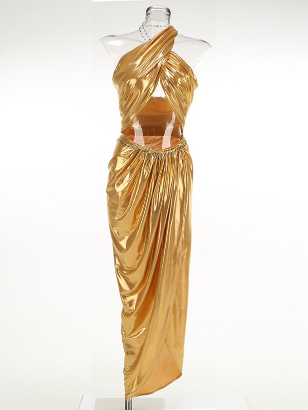 Golden Halter Tank-top Pleating Irregular Two-piece Chain Suit Skirt - Image 5