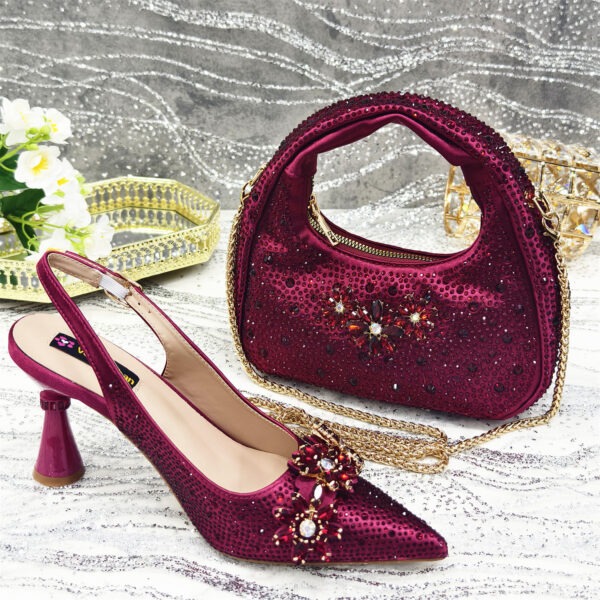 Pointed Toe High Heel Rhinestone Flower Shoes With Handbag Soft - Image 6