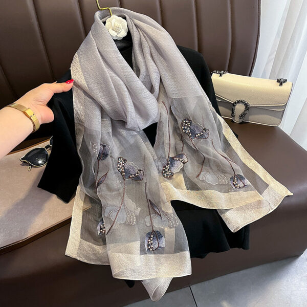 Chinese Style Pearl Flower Scarf Women's Embroidered Silk Scarf Warm Shawl - Image 6