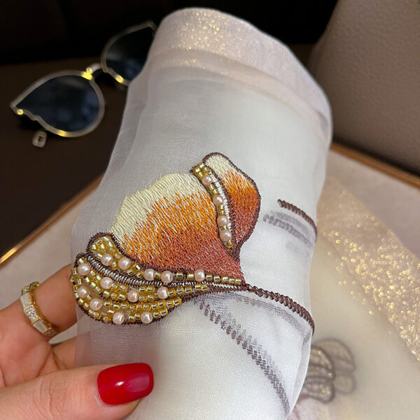 Chinese Style Pearl Flower Scarf Women's Embroidered Silk Scarf Warm Shawl - Image 10