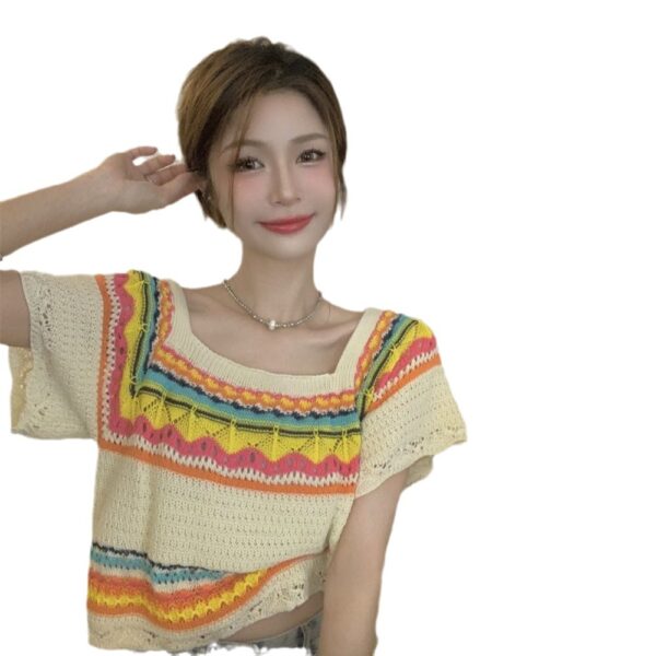 Summer Slim Chic Contrast Color Stripes Square Collar Short Sleeve - Image 4