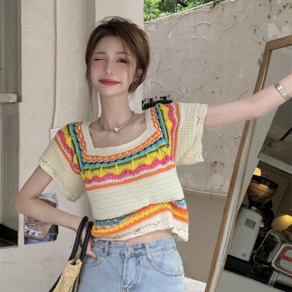 Summer Slim Chic Contrast Color Stripes Square Collar Short Sleeve - Image 3