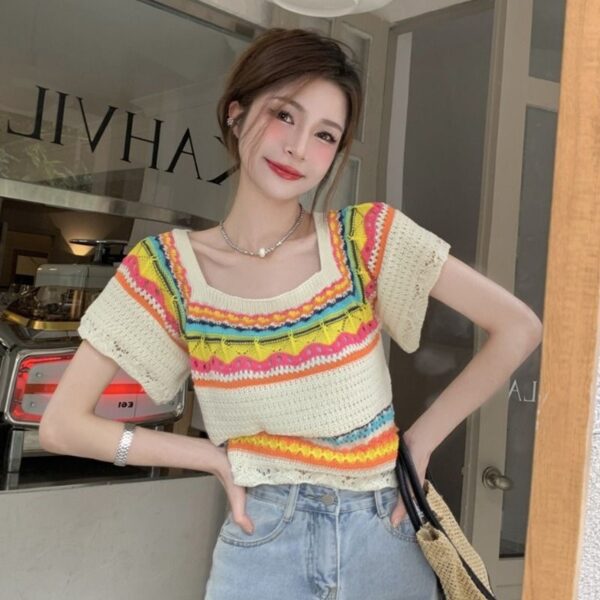 Summer Slim Chic Contrast Color Stripes Square Collar Short Sleeve - Image 5