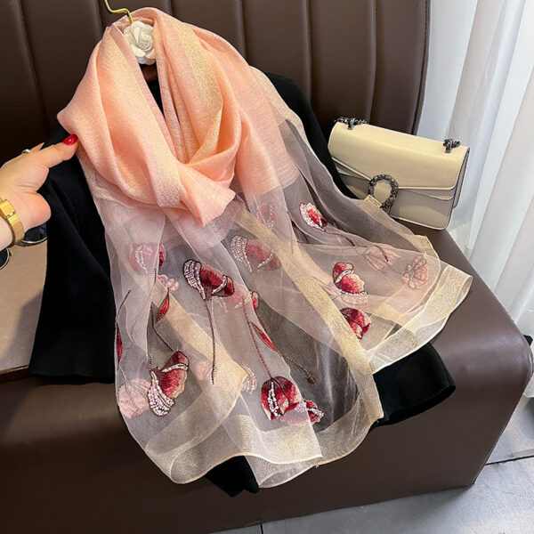 Chinese Style Pearl Flower Scarf Women's Embroidered Silk Scarf Warm Shawl - Image 4