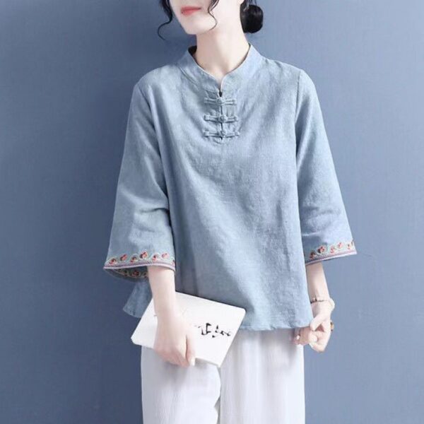 Artistic Cotton Linen Jacquard Embroidered Bell Sleeve Shirt - Image 8