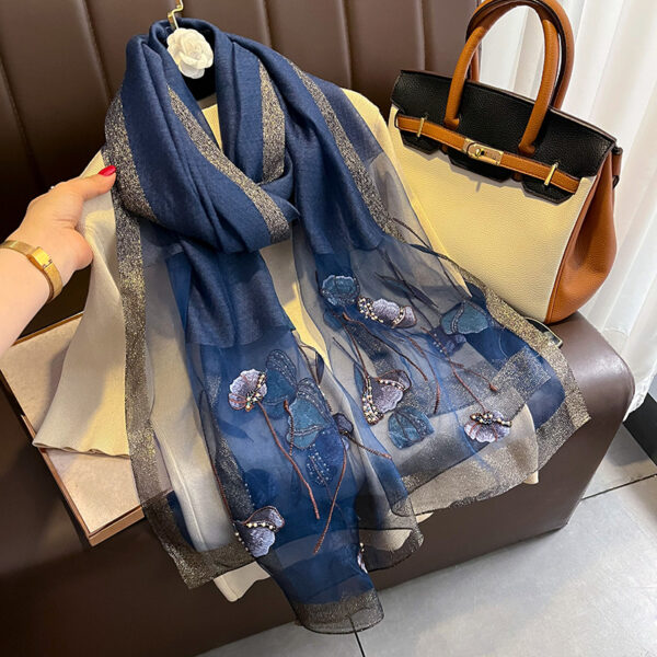 Chinese Style Pearl Flower Scarf Women's Embroidered Silk Scarf Warm Shawl - Image 8