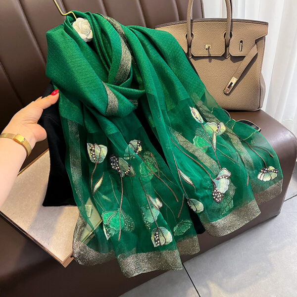 Chinese Style Pearl Flower Scarf Women's Embroidered Silk Scarf Warm Shawl - Image 2