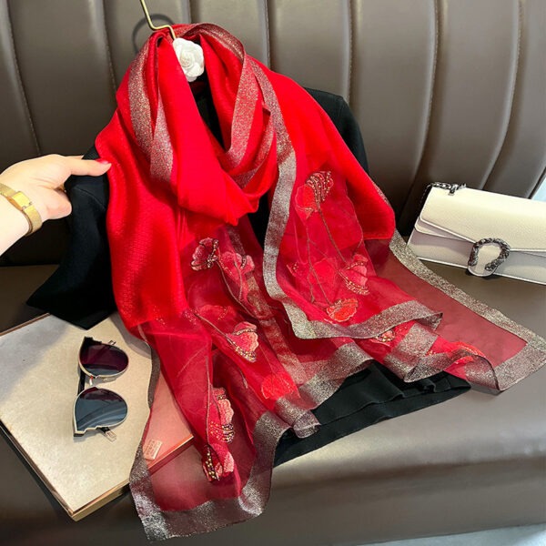 Chinese Style Pearl Flower Scarf Women's Embroidered Silk Scarf Warm Shawl - Image 9