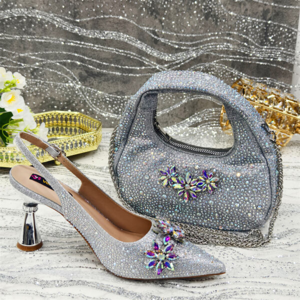 Pointed Toe High Heel Rhinestone Flower Shoes With Handbag Soft - Image 5