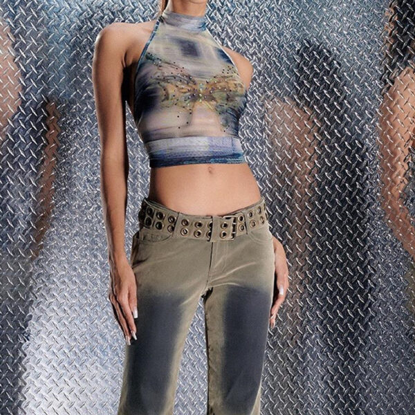 Hollow Retro Printed Turtleneck Halter Strap Cropped Tank Top - Image 2
