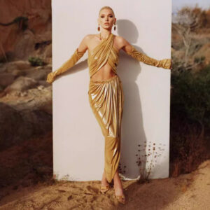 Golden Halter Tank-top Pleating Irregular Two-piece Chain Suit Skirt