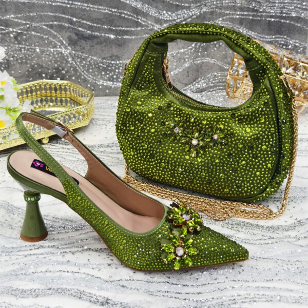 Pointed Toe High Heel Rhinestone Flower Shoes With Handbag Soft - Image 3