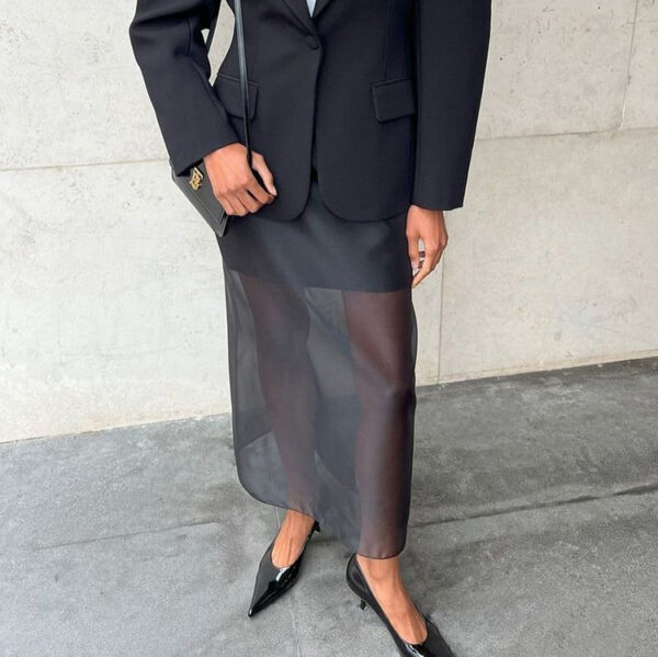 Black Mesh See-through High Waist Slit Sheath Skirt - Image 2