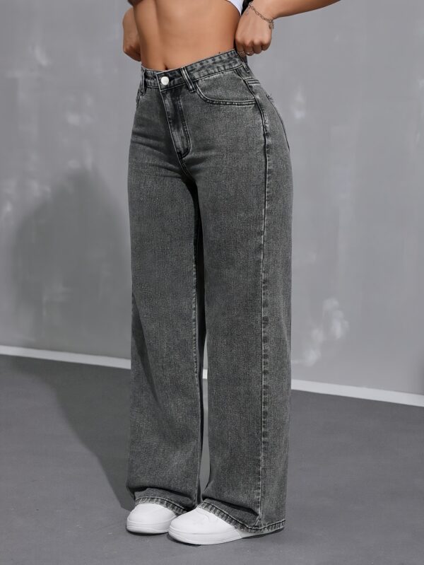Wide-legged Large Size Jeans for Women High Waist Stretch Loose Straight Legs Stylish Casual Trousers Machine Washable for Everyday All Seasons Black Grey Button-opening Large Size Women's Trousers 200 Lbs Extra Large Size 5XL 7XL 8XL - Image 5