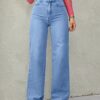 [Comfortable High Waist Jeans] Comfortable High Waist Women's Blue Light Wash Wide Leg Jeans - Medium Stretch Straight Denim Jeans & Clothing