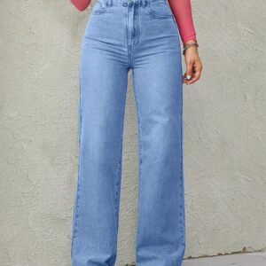 [Comfortable High Waist Jeans] Comfortable High Waist Women's Blue Light Wash Wide Leg Jeans - Medium Stretch Straight Denim Jeans & Clothing