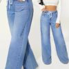 [Soft High-Rise Jeans] Soft Stretch High-Rise Jeans - Women's Light Blue Wide-Leg Denim, Adjustable Waistband, Slash Pockets, All-Season Versatile Style