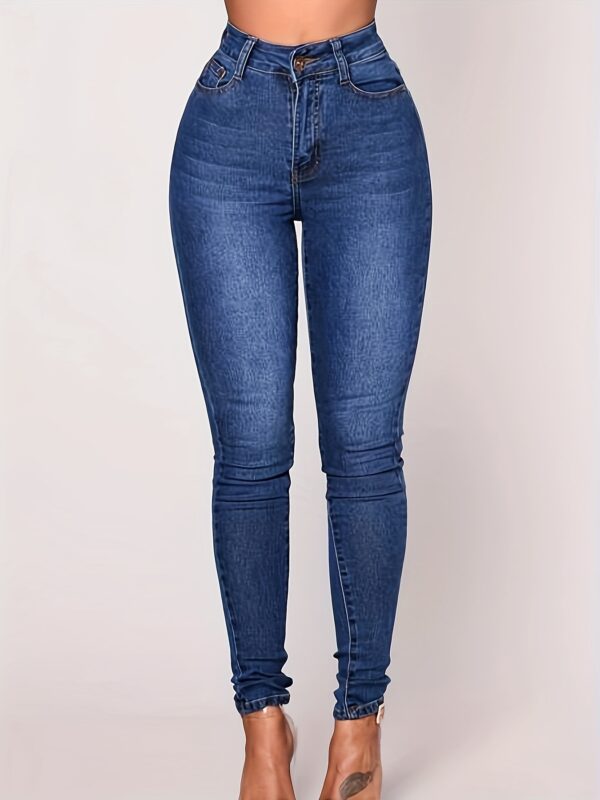 Elegant High-Waisted Stretch Skinny Jeans for Women - Classic Ankle-Length Denim in Light Blue, Smooth Polyester Fabric, Button Fly, Perfect for Casual or Mature Style - Image 4