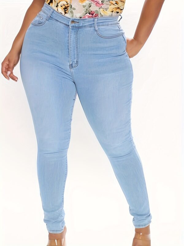 Elegant High-Waisted Stretch Skinny Jeans for Women - Classic Ankle-Length Denim in Light Blue, Smooth Polyester Fabric, Button Fly, Perfect for Casual or Mature Style - Image 2
