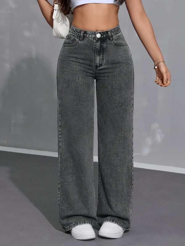 Wide-legged Large Size Jeans for Women High Waist Stretch Loose Straight Legs Stylish Casual Trousers Machine Washable for Everyday All Seasons Black Grey Button-opening Large Size Women's Trousers 200 Lbs Extra Large Size 5XL 7XL 8XL - Image 3