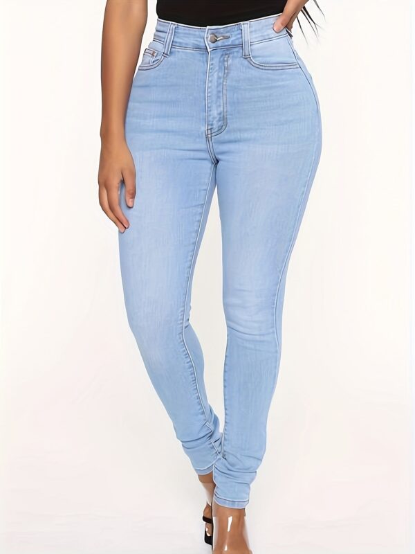 Elegant High-Waisted Stretch Skinny Jeans for Women - Classic Ankle-Length Denim in Light Blue, Smooth Polyester Fabric, Button Fly, Perfect for Casual or Mature Style - Image 7
