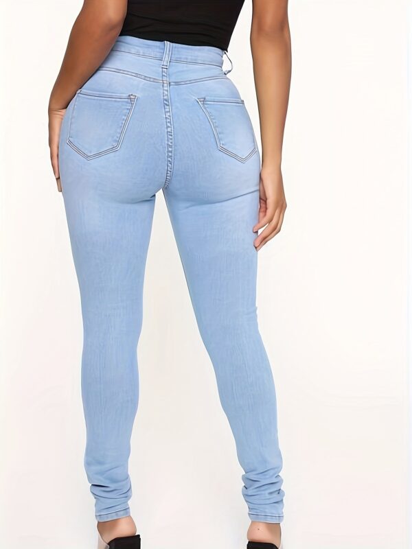 Elegant High-Waisted Stretch Skinny Jeans for Women - Classic Ankle-Length Denim in Light Blue, Smooth Polyester Fabric, Button Fly, Perfect for Casual or Mature Style - Image 10